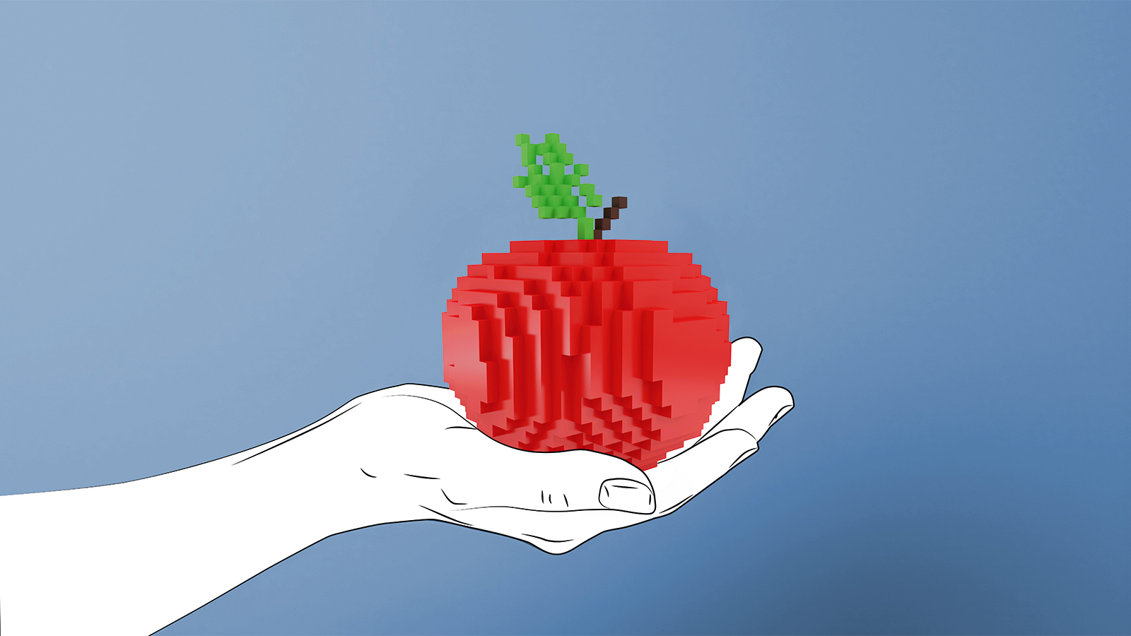Auf einem Handteller liegt ein künstlicher roter Apfel.